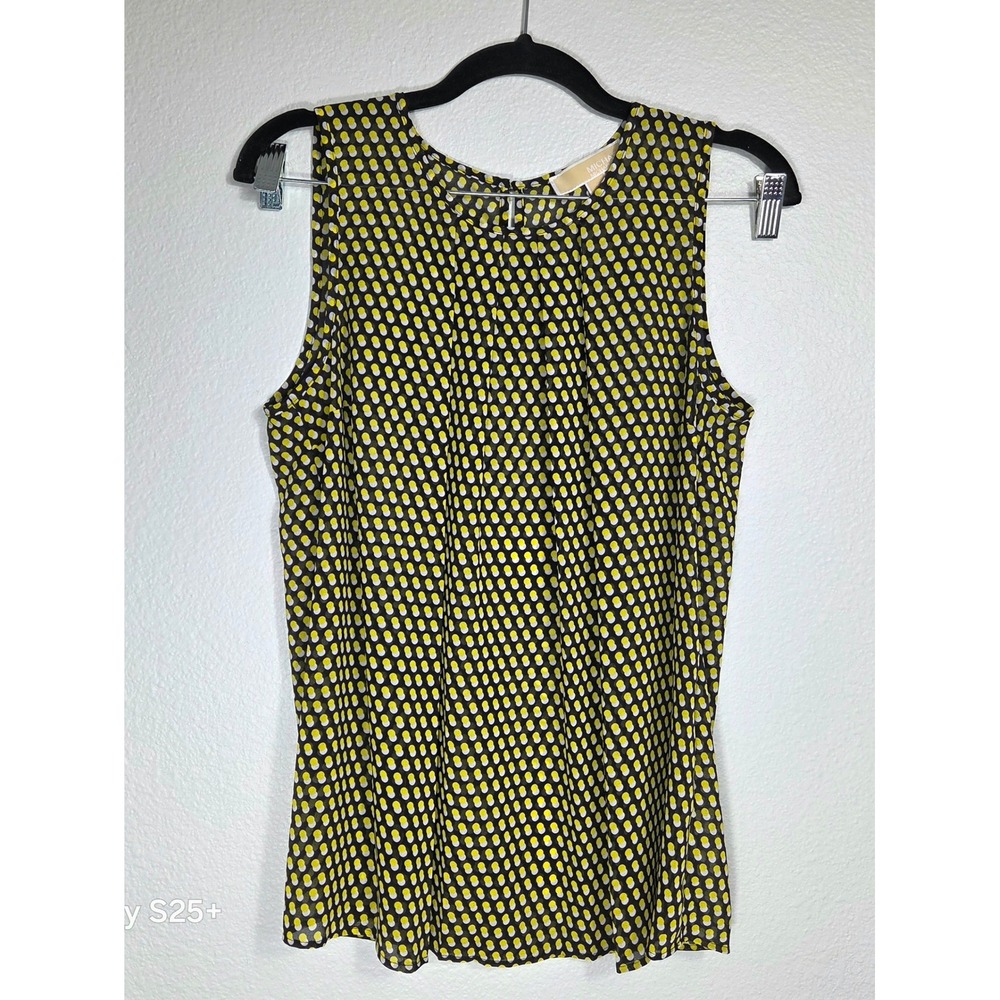 Michael Michael Kors Womens Yellow Black Polka Dot Pleated Sleeveless Blouse S